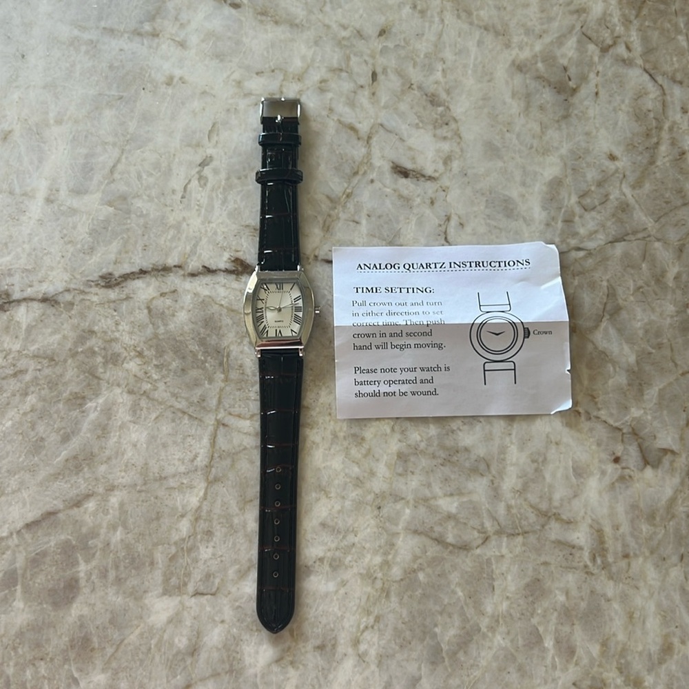 Woman’s Analog Rectangle Quartz Watch Silver Dial & Burgundy Leather Band. New!